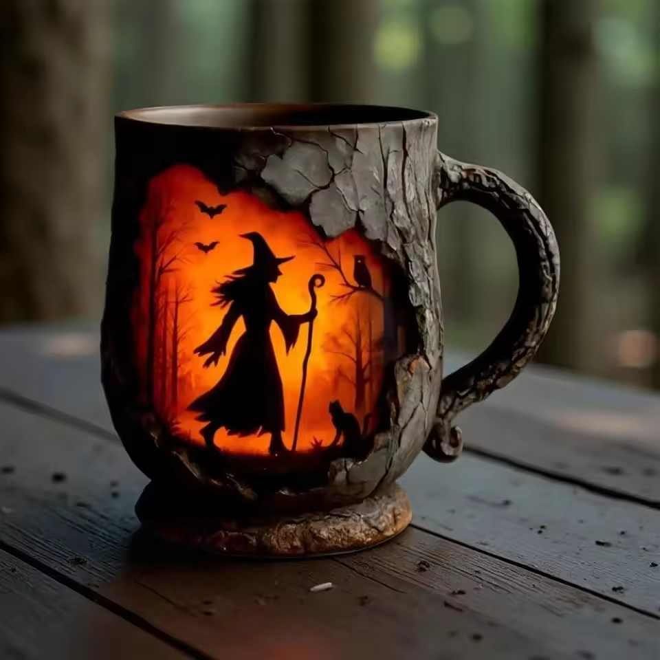 3D Halloween Handgemachte Tasse – mit Hexen- und Katzen-Design – Bild 1