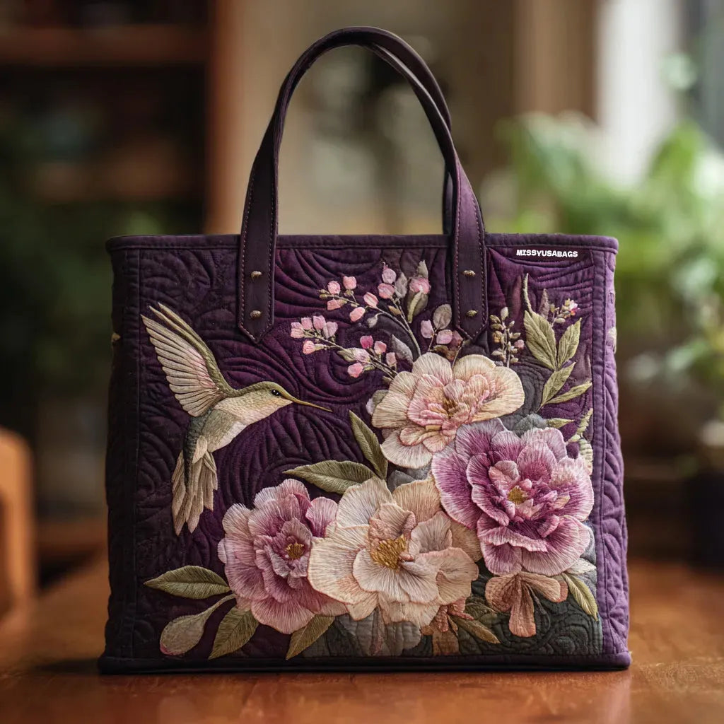Gestepptes lila Tragetasche mit Kolibris und Orchideen – Bild 1
