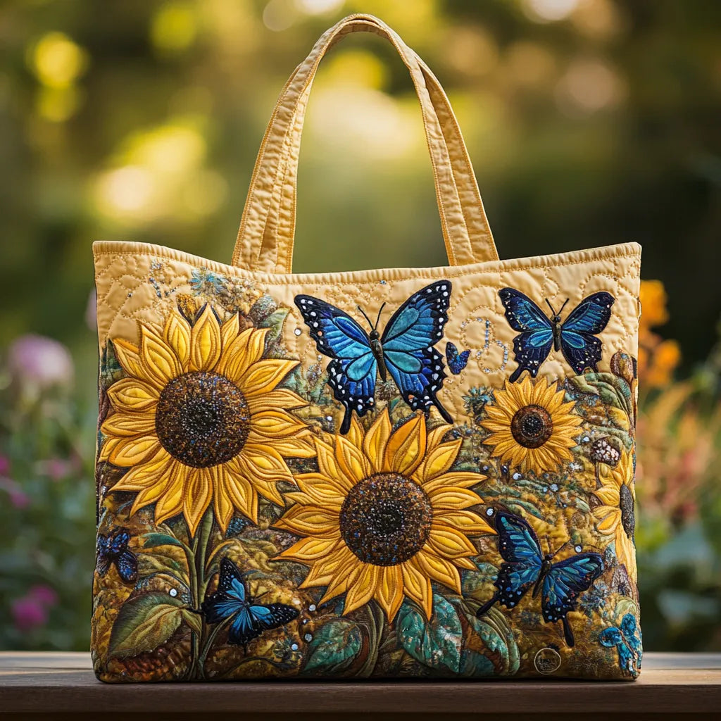Handgefertigte Sonnenblume und blaue Schmetterling Tasche – Bild 1
