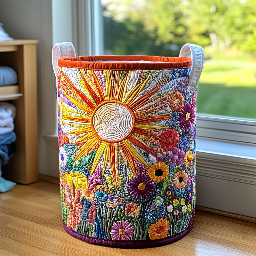Handgefertigter Wäschekorb | Sonnenblume in Blüte – Bild 1