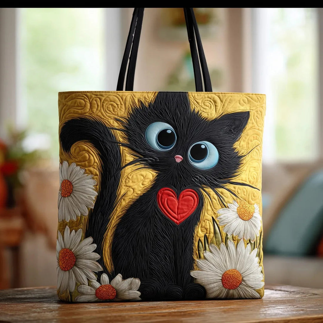 Handgemachte schwarze Katzen Tasche mit Herz und Gänseblümchen – Bild 1