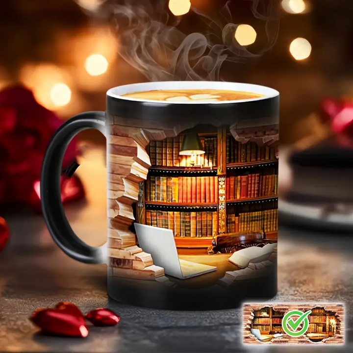 Keramiktasse mit magischem Bücherregal und Temperatureffekt – Bild 1
