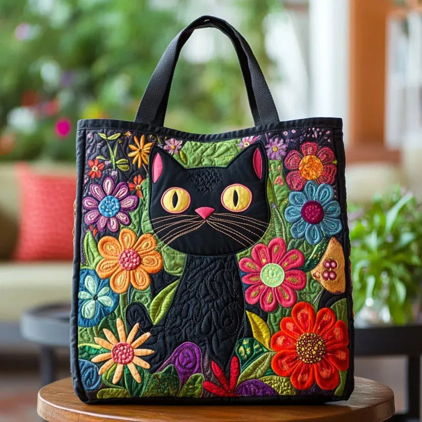 Schwarze Katzen gesteppte Schultertasche – Bild 1